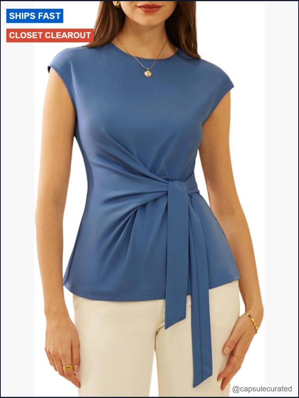 Cap Sleeve Tie Waist Dressy Blouse Crew Neck Work Top